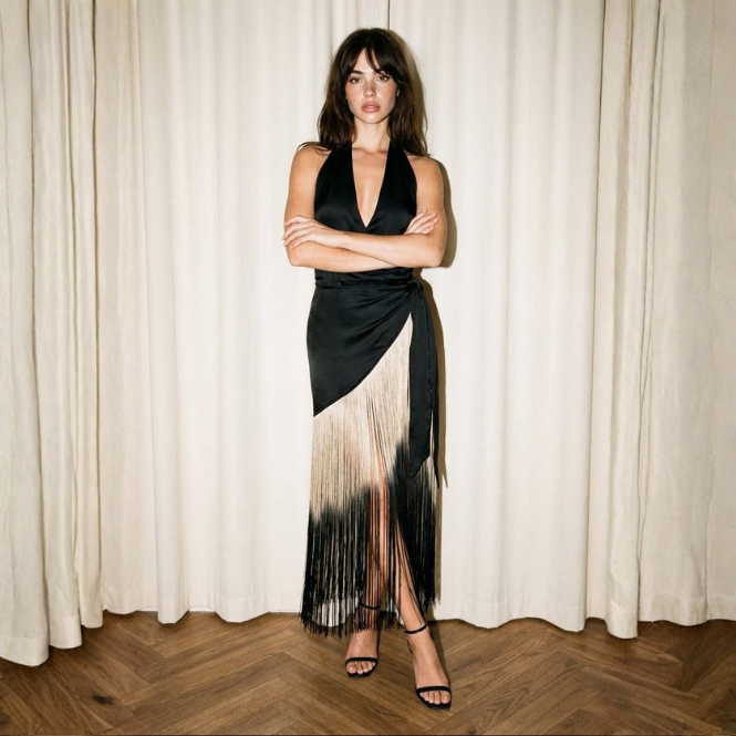 Satin Ombre Fringe Halter Wrap Dress