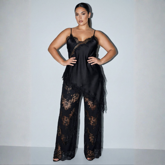 Lala Lace Cami and Pants Set in Black