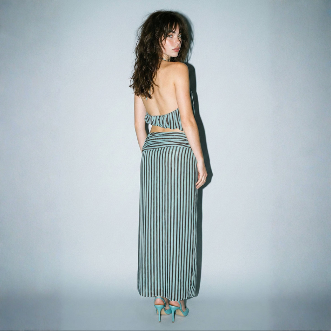 Striped Halter & Ruched Maxi Skirt Set