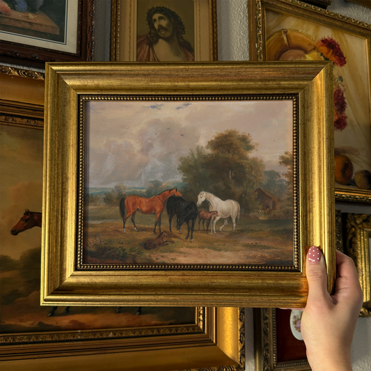 Vintage style Horses in pasture Art Print Framed