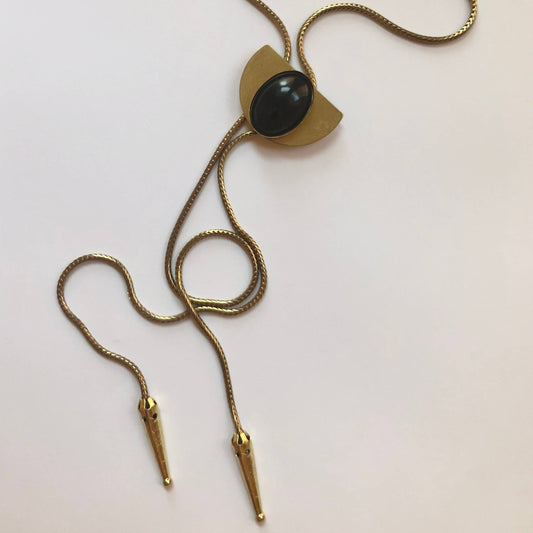 Black Lucite Oval + Brass Half Moon Snake Chain Bolo