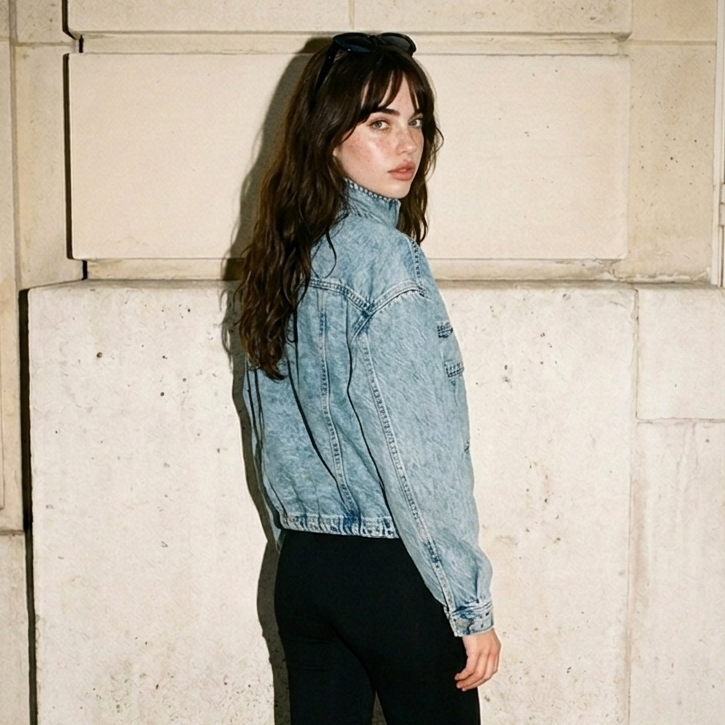 Mock Neck Washed Denim Zip Up Jacket