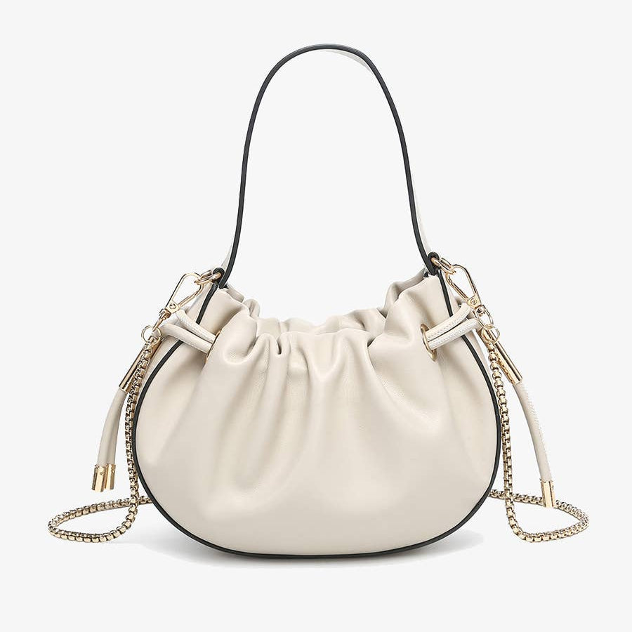 Thalia Ruched Bucket Bag w/ Drawstring and Chain Strap