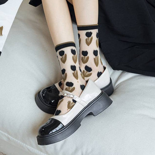 Abstract Floral Sheer Crew Socks
