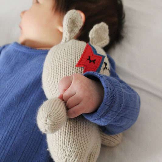 Handknitted Bowie bunny rattle