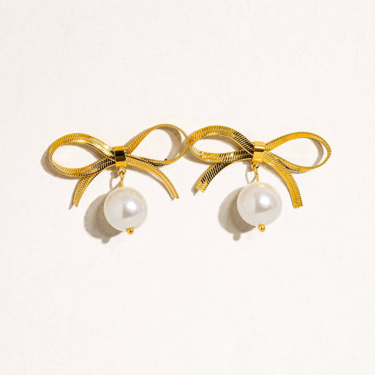 Alice 18K Gold Non-Tarnish Bow Dangle Pearl Earring