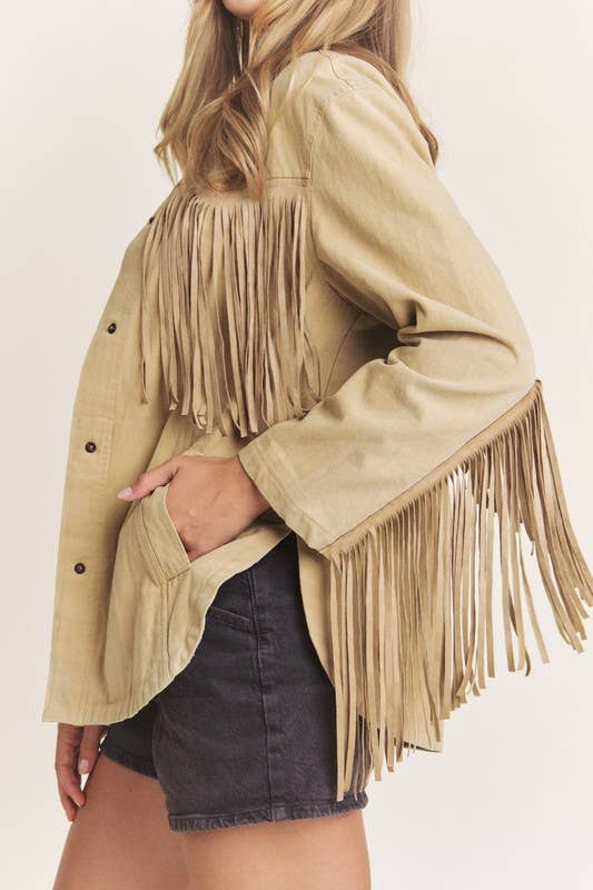 Button Down Fringe Longline Jacket