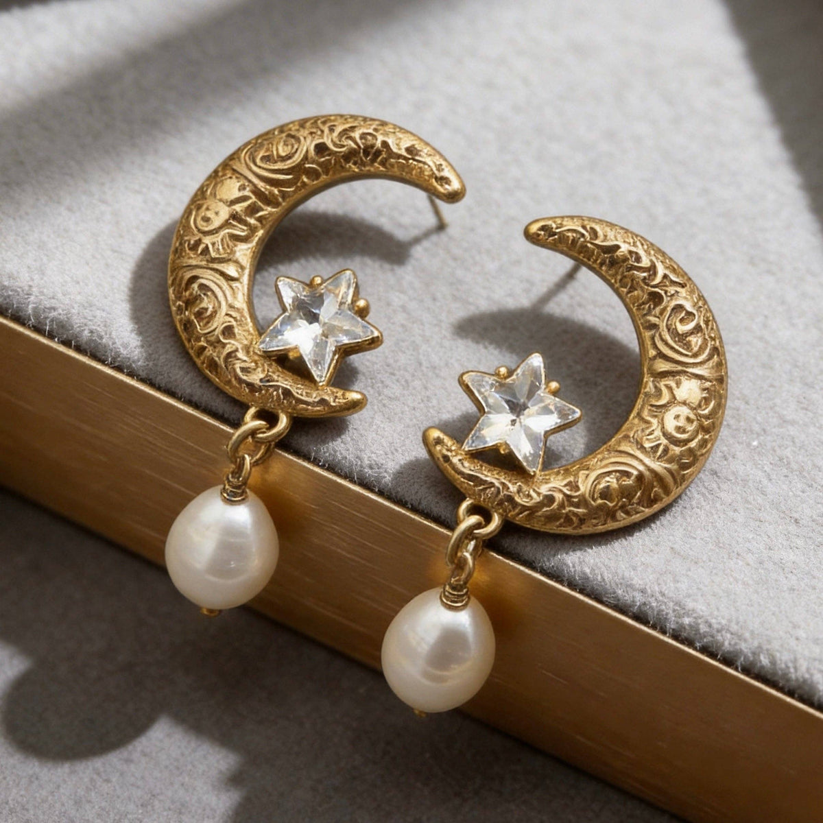 Moon & Star Pearl Drop Earrings