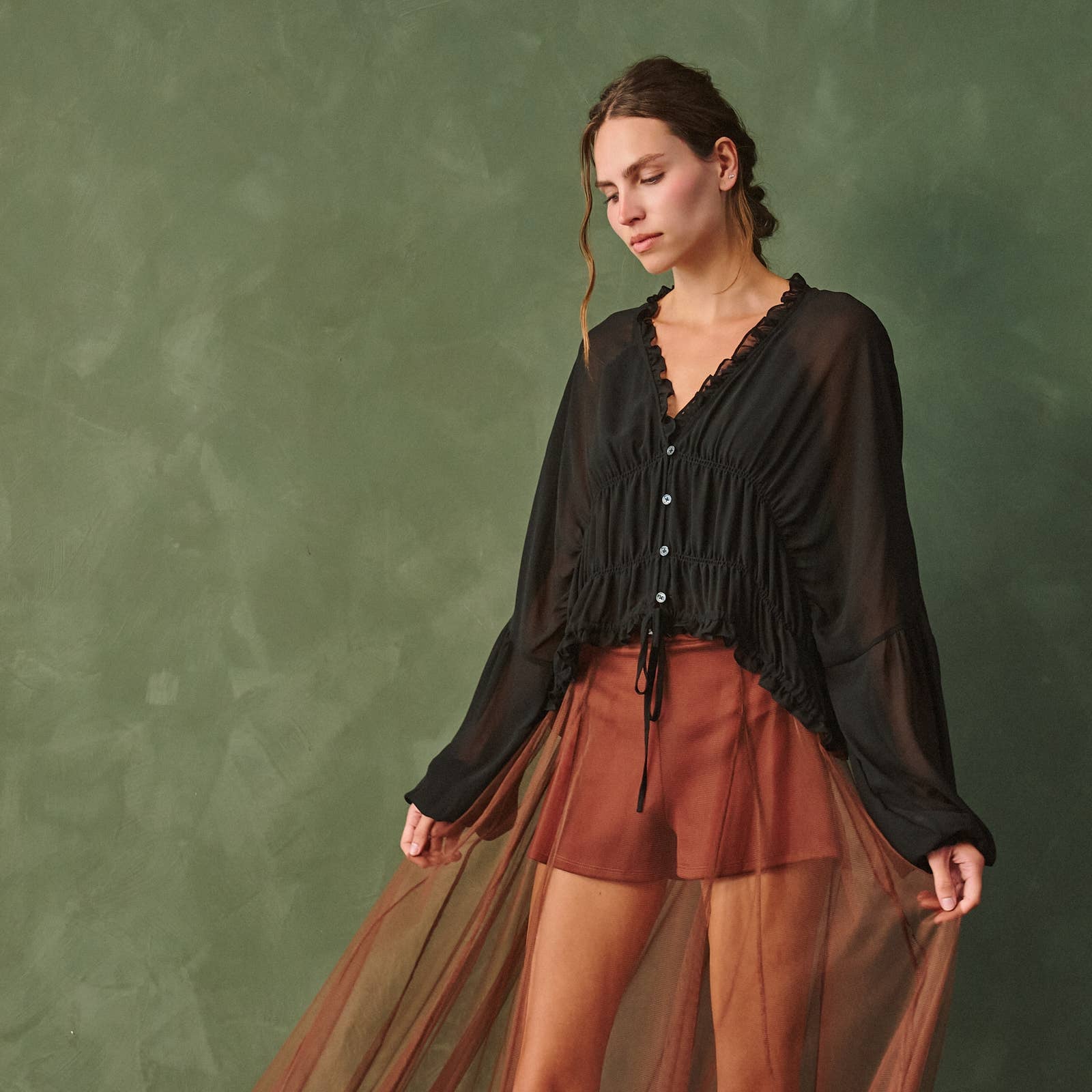 Sheer Ruffle V-neck Blouse