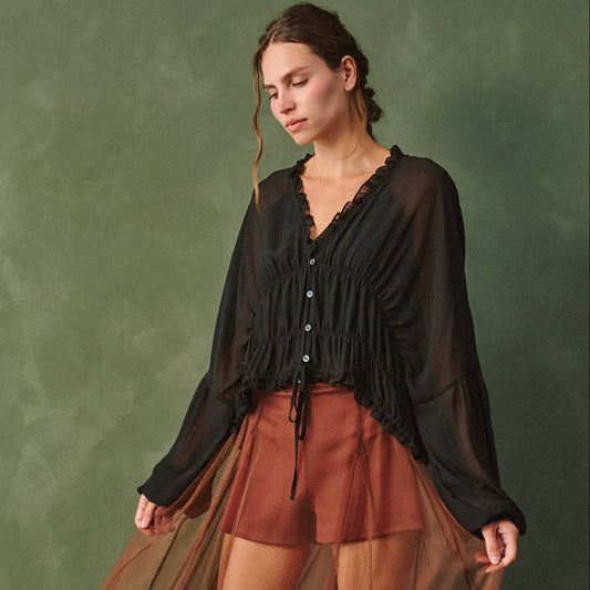 Sheer Ruffle V-neck Blouse