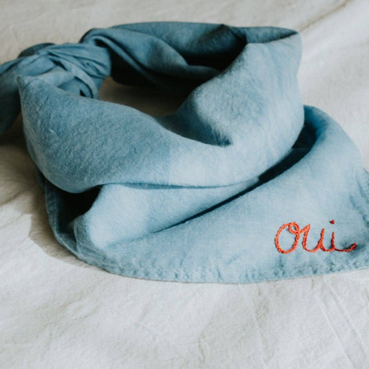 Hand embroidered hand dyed organic cotton bandana - Oui