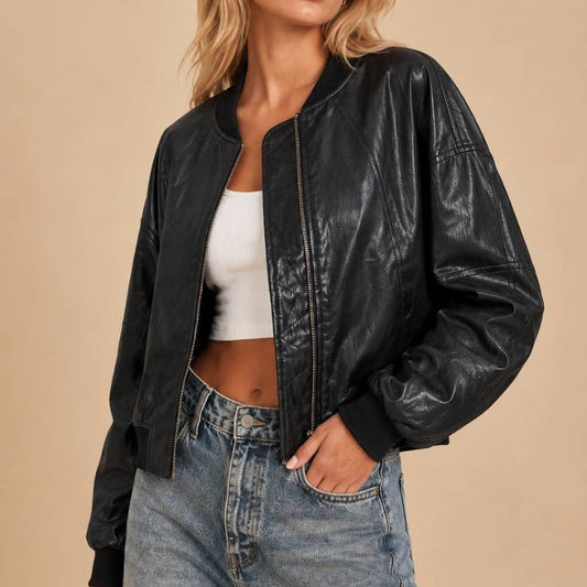 Cropped Faux-Leather Bomber Jacket