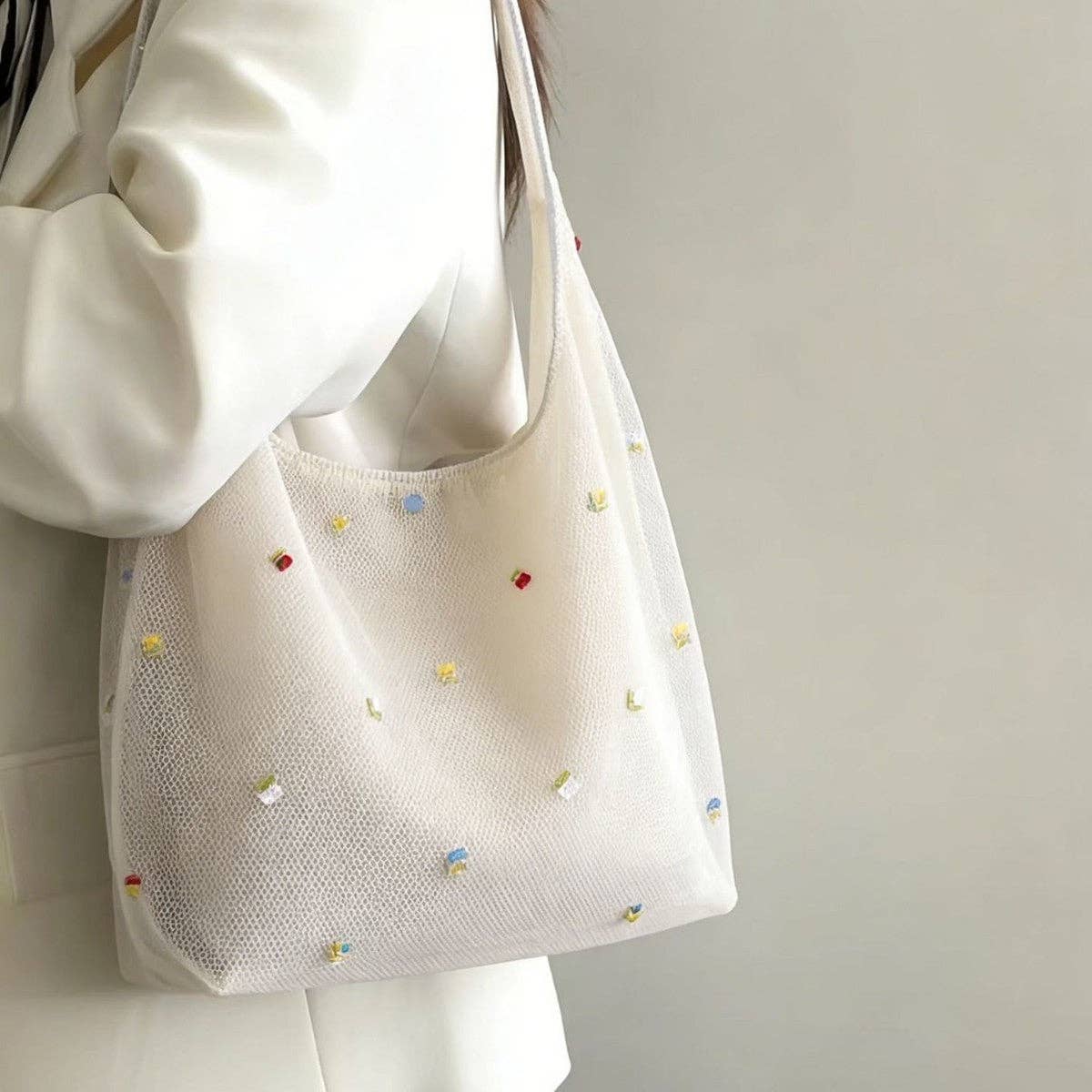 Embroidered Mesh Shoulder Bag