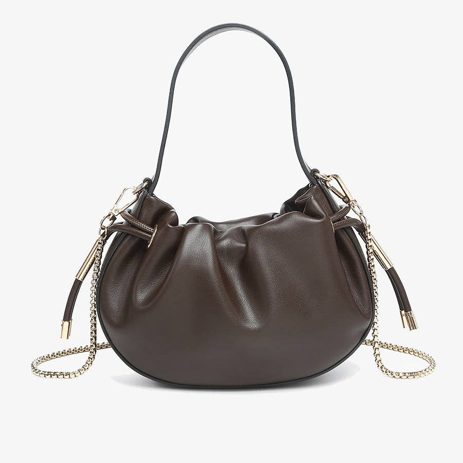 Thalia Ruched Bucket Bag w/ Drawstring and Chain Strap