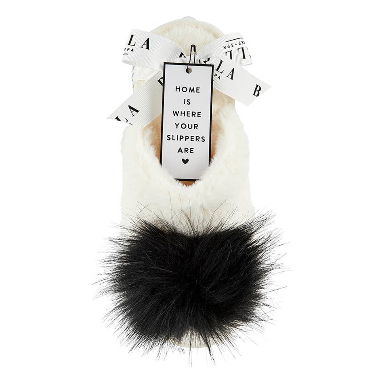 Ivory with Black Pom Pom Plush Slippers
