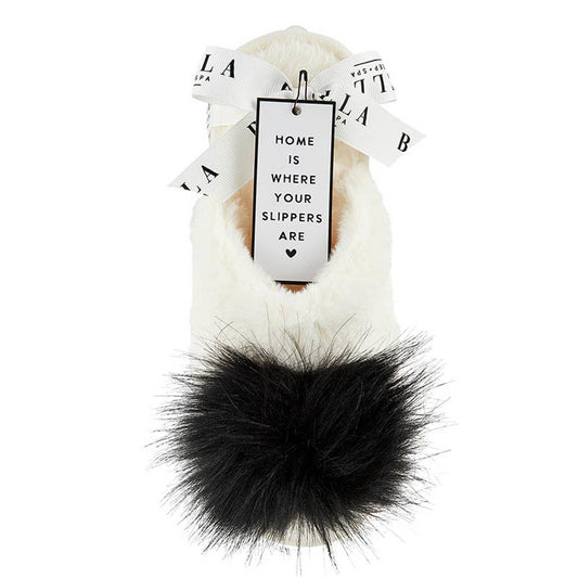 Ivory with Black Pom Pom Plush Slippers