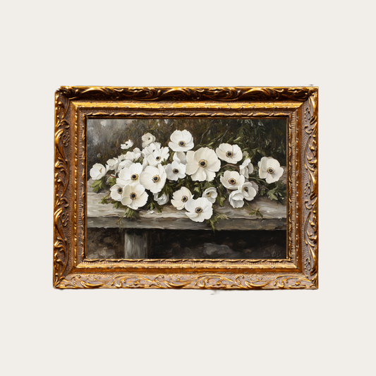 Rustic White Petal Flower | French Brass Inspired Gold Mould Framed Art