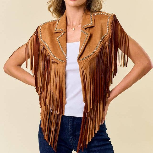 Brown Studded Fringe Cape