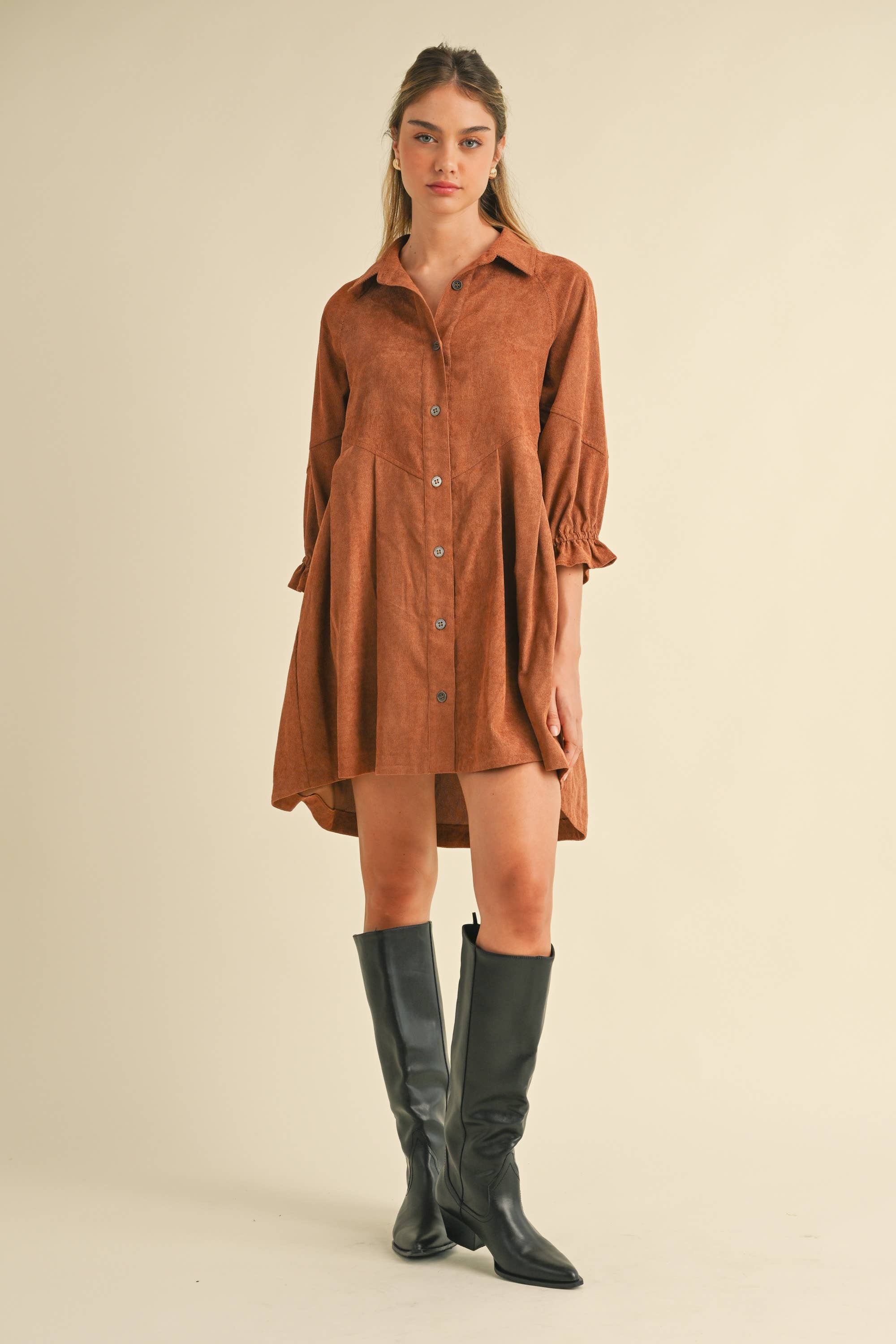 Brown Corduroy Button Down Dress